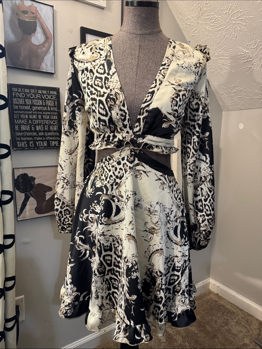 SHEIN Black & Cream Printed Mini Wrap Dress